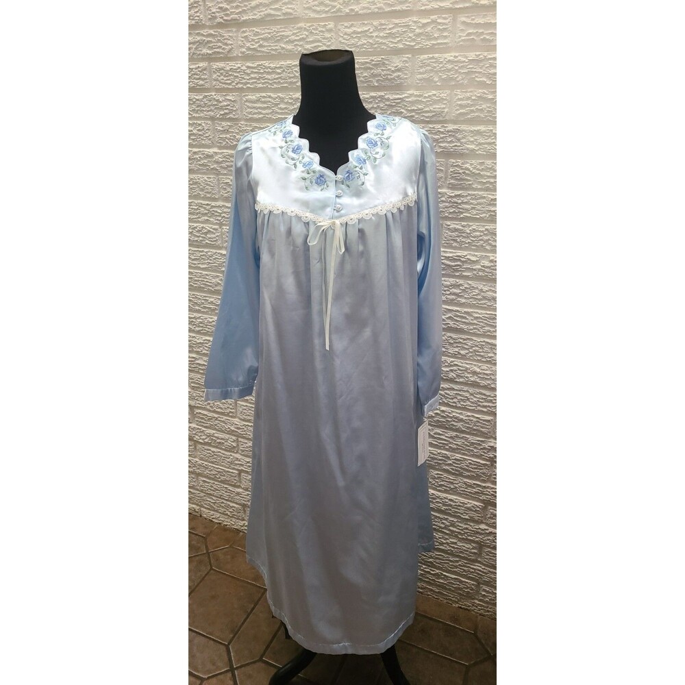 Vintage Fundamentals Petite Sz S Blue Nightgown 2 Button Top Ruffle  Nwt